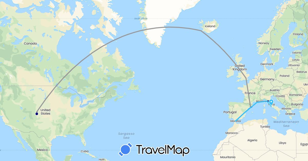 TravelMap itinerary: driving, plane, boat in Spain, France, United Kingdom, Gibraltar, Iceland, Italy, United States (Europe, North America)